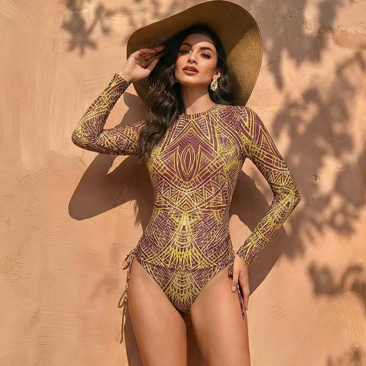 Women's Two Piece Long Sleeve Mesh Swimsuit UPF 50+ Padded Beachwear