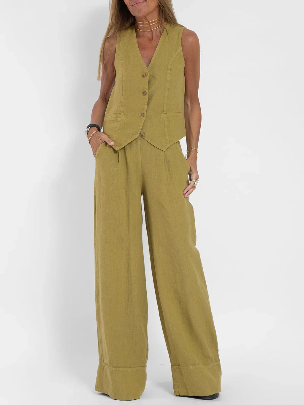 Women Sleeveless Vest – Colorblock Collage Pants Casual Suit
