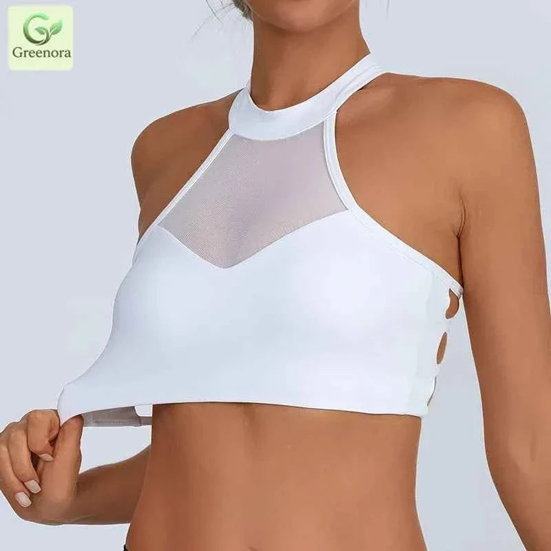 White High Neck Mesh Sports Bra Crop Top