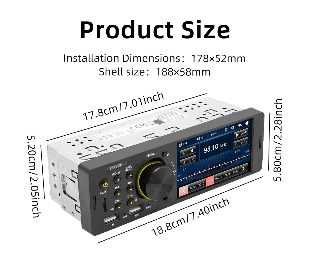 Touch Screen Car Radio, MP5 Player, Bluetooth, Hands Free, Audio, USB, TF, 7 Colors Lighting, Stereo System, Head Unit, 7805C