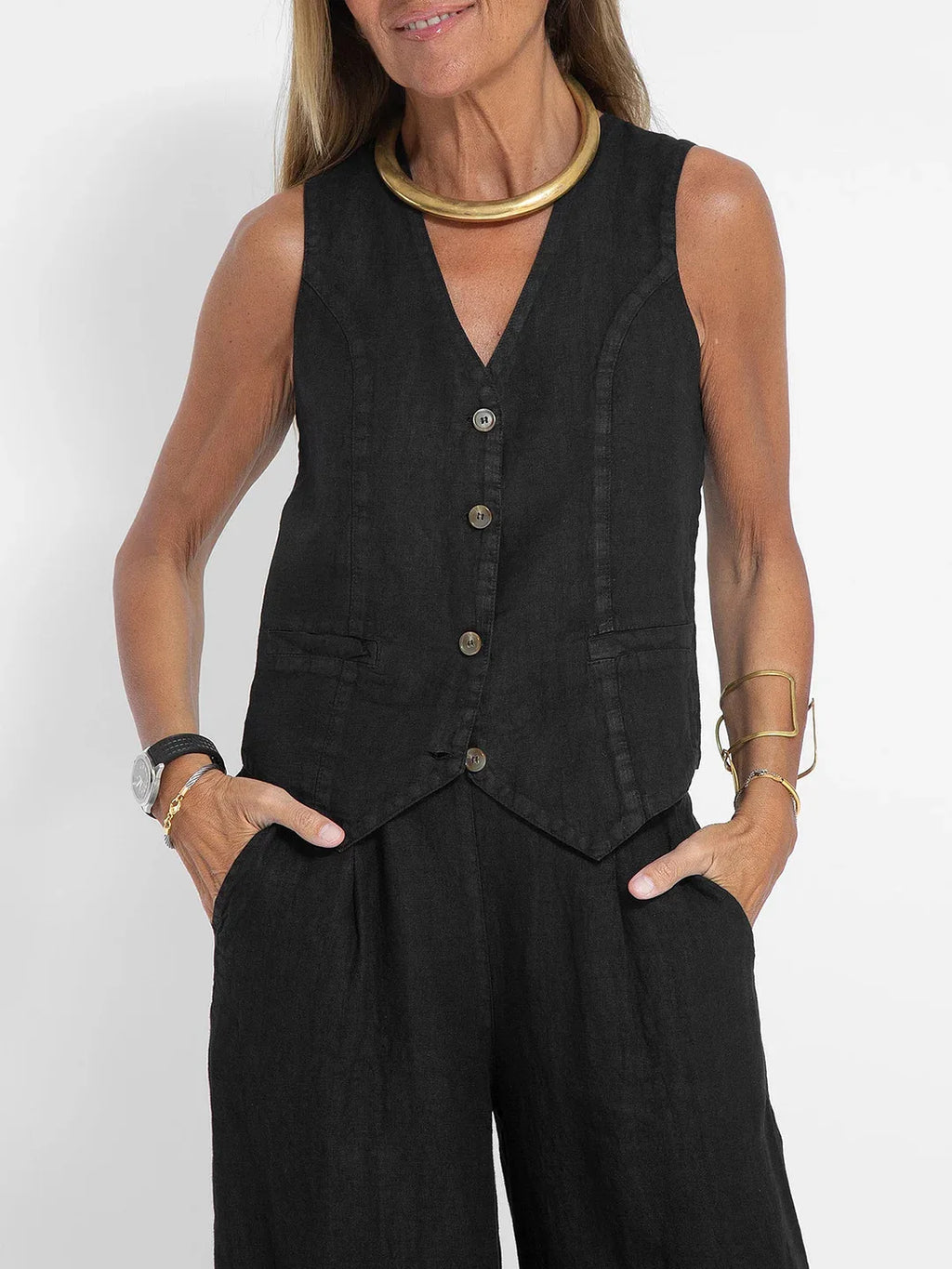 Women Sleeveless Vest – Colorblock Collage Pants Casual Suit