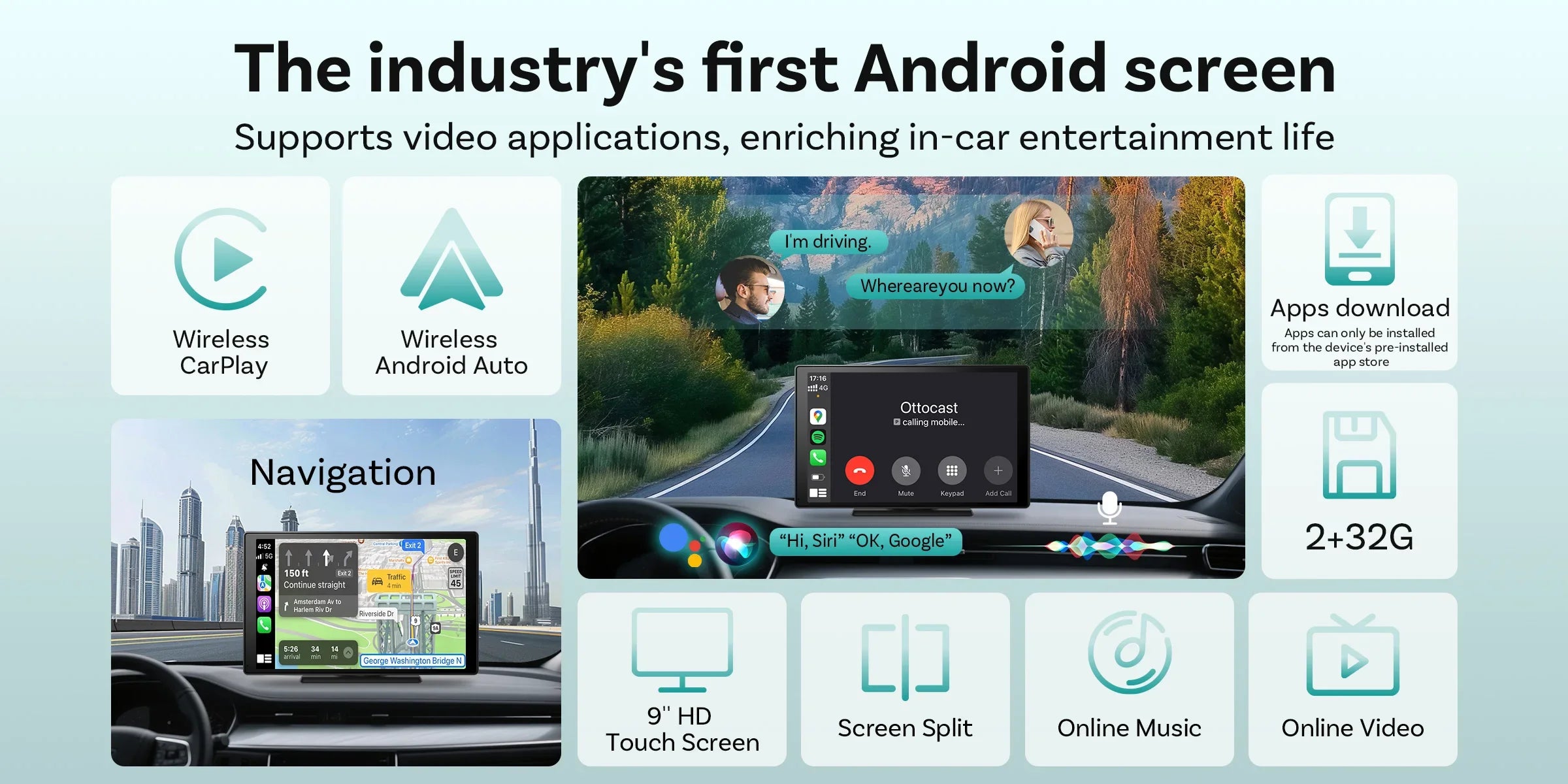 OTTOCAST CarPlay Screen 9.0" INCH 4K Car Touch Screen Wireless Carplay Android Auto Radio DVR GPS Video Built-in Youtube Netflix