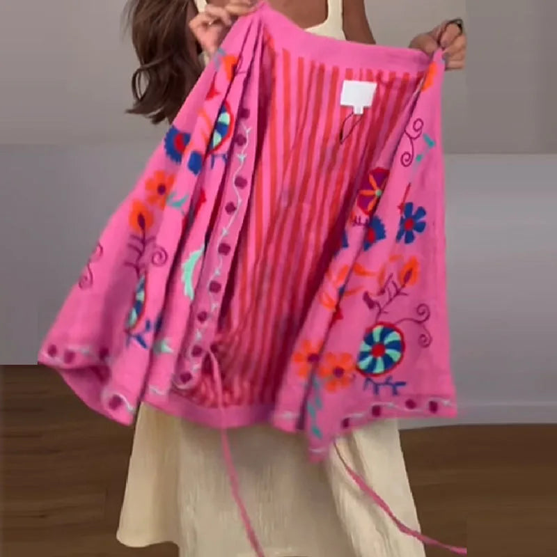 Women's V-Neck Lace Up Flare Cardigan Embroidered Pink