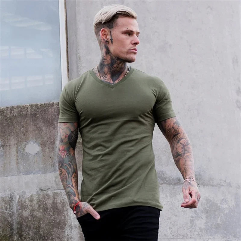 Men Fashion V Neck Short Sleeve Fitness Workout Summer Breathable Cotton