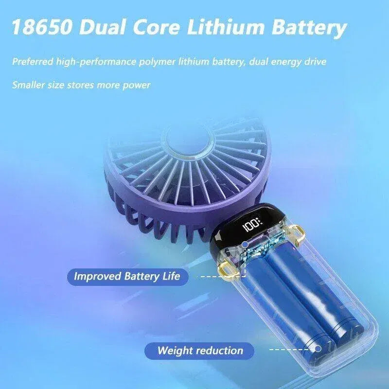 Color: Navy - Handheld Mini Fan 3000mAh Foldable Portable Neck Hanging Fans 5 Speed USB Rechargeable Fan with Phone Stand and Display Screen