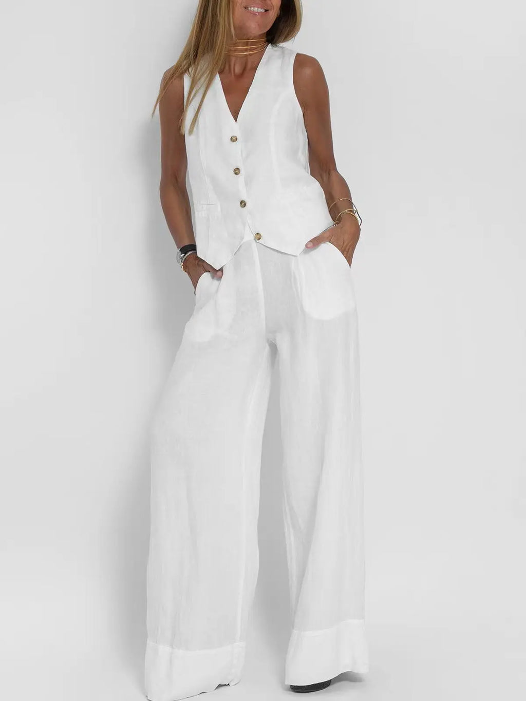 Women Sleeveless Vest – Colorblock Collage Pants Casual Suit