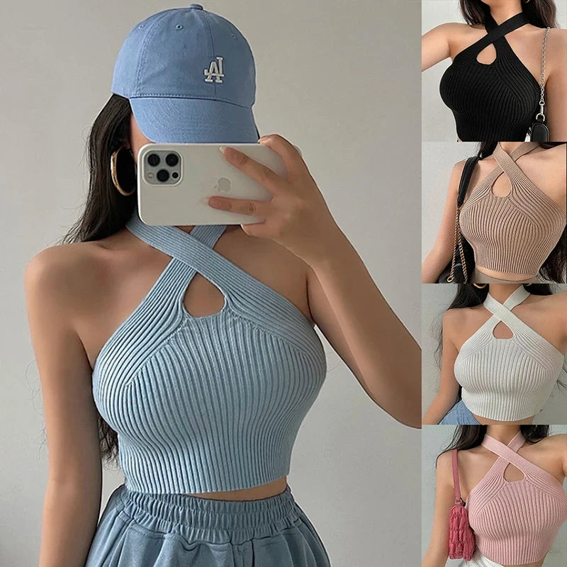 Women Crop Top – Halter Knitted Off Shoulder Strappy Tank Top
