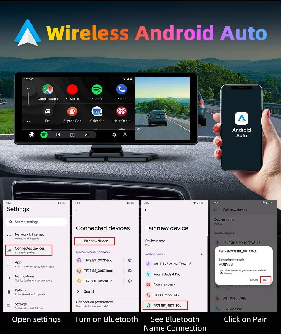 10.26'' Universal Portable Carplay Car Screen Wireless Carplay Screen Wireless Car Stereo Carplay Android Auto Car Touchscreen
