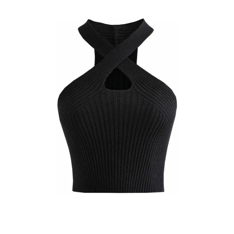Women Crop Top – Halter Knitted Off Shoulder Strappy Tank Top