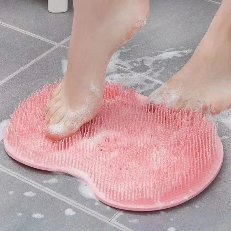 Color: Pink - Non-slip Shower Mat Silicone Massage Wash Foot Pad Bath Massage Brush Pad Bathroom Rub Back Brush with Sucker Cleaning Tools