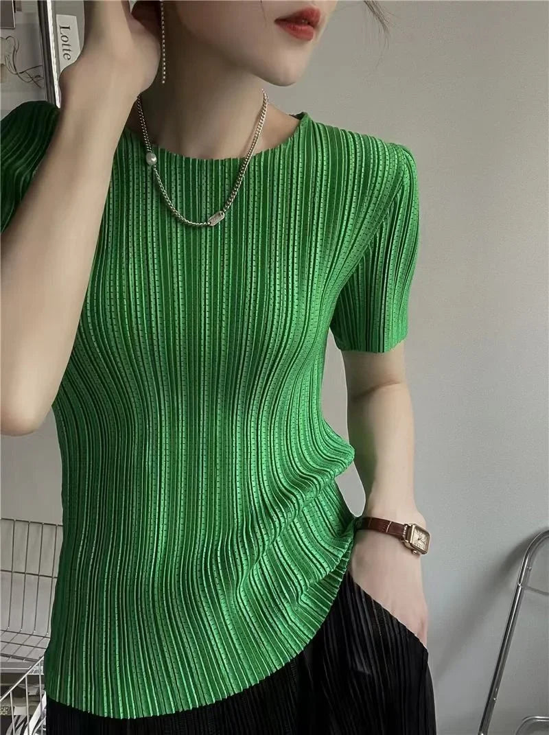 Woman Clothing  Top Women  Pleated Short-sleeved Female