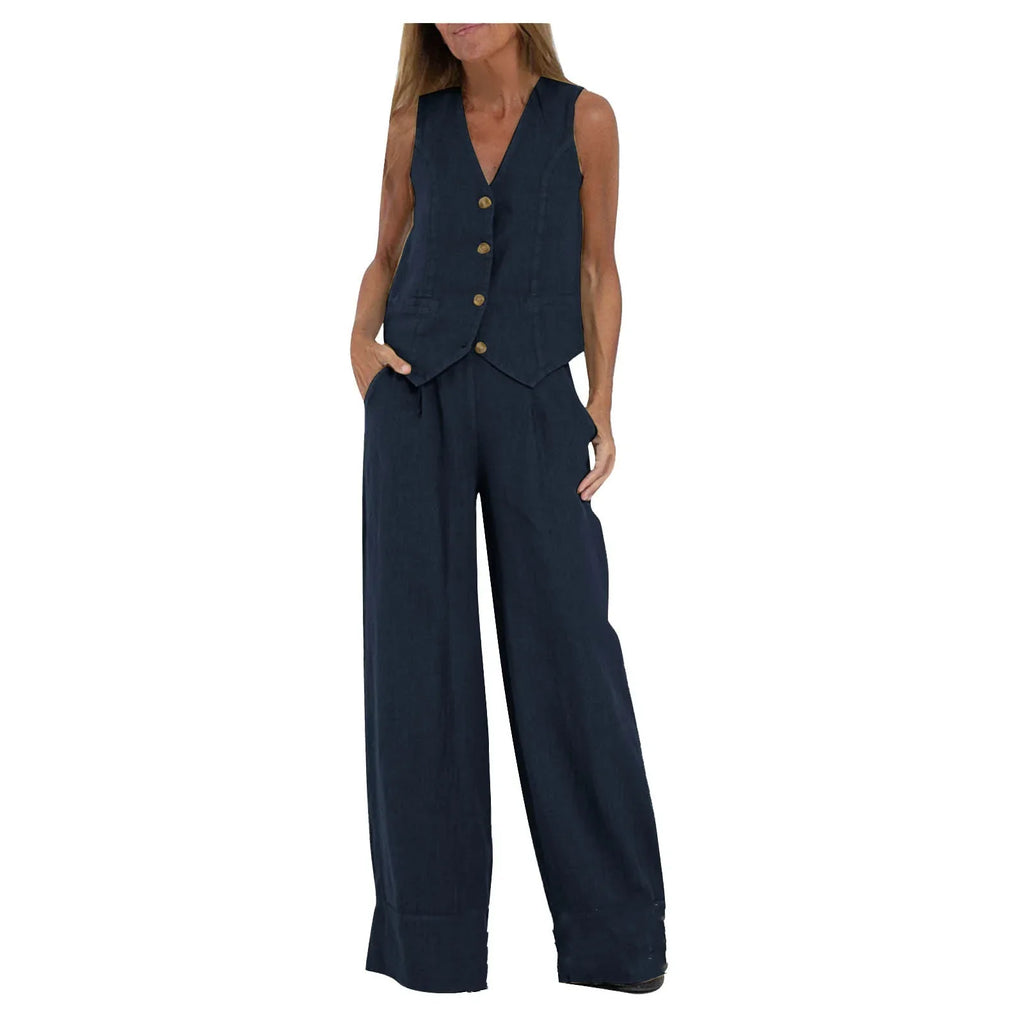 Women Sleeveless Vest – Colorblock Collage Pants Casual Suit