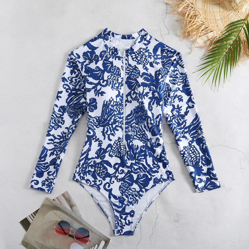 WAVECHO Women's Long Sleeve Zip Front One Piece Swimsuit Floral
