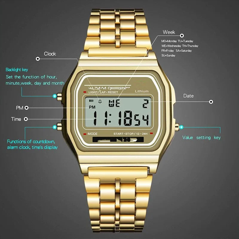 LED Digital Watch – Steel Strap Multifunction Sports Wristwatch