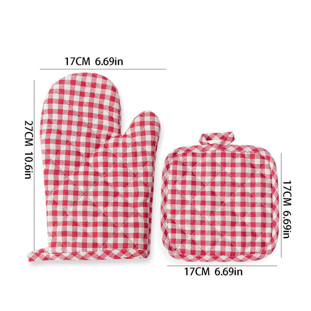 Anti Scald Oven Gloves Set | Cotton Lined Thick Kitchen Gloves with Red Checkered Design