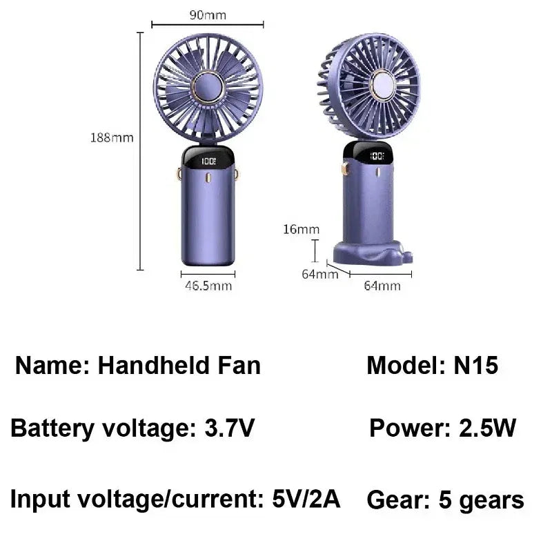 Color: Dark Green - Handheld Mini Fan 3000mAh Foldable Portable Neck Hanging Fans 5 Speed USB Rechargeable Fan with Phone Stand and Display Screen