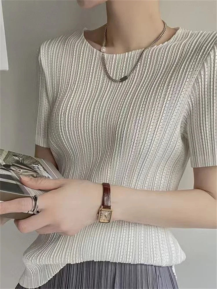 Woman Clothing  Top Women  Pleated Short-sleeved Female