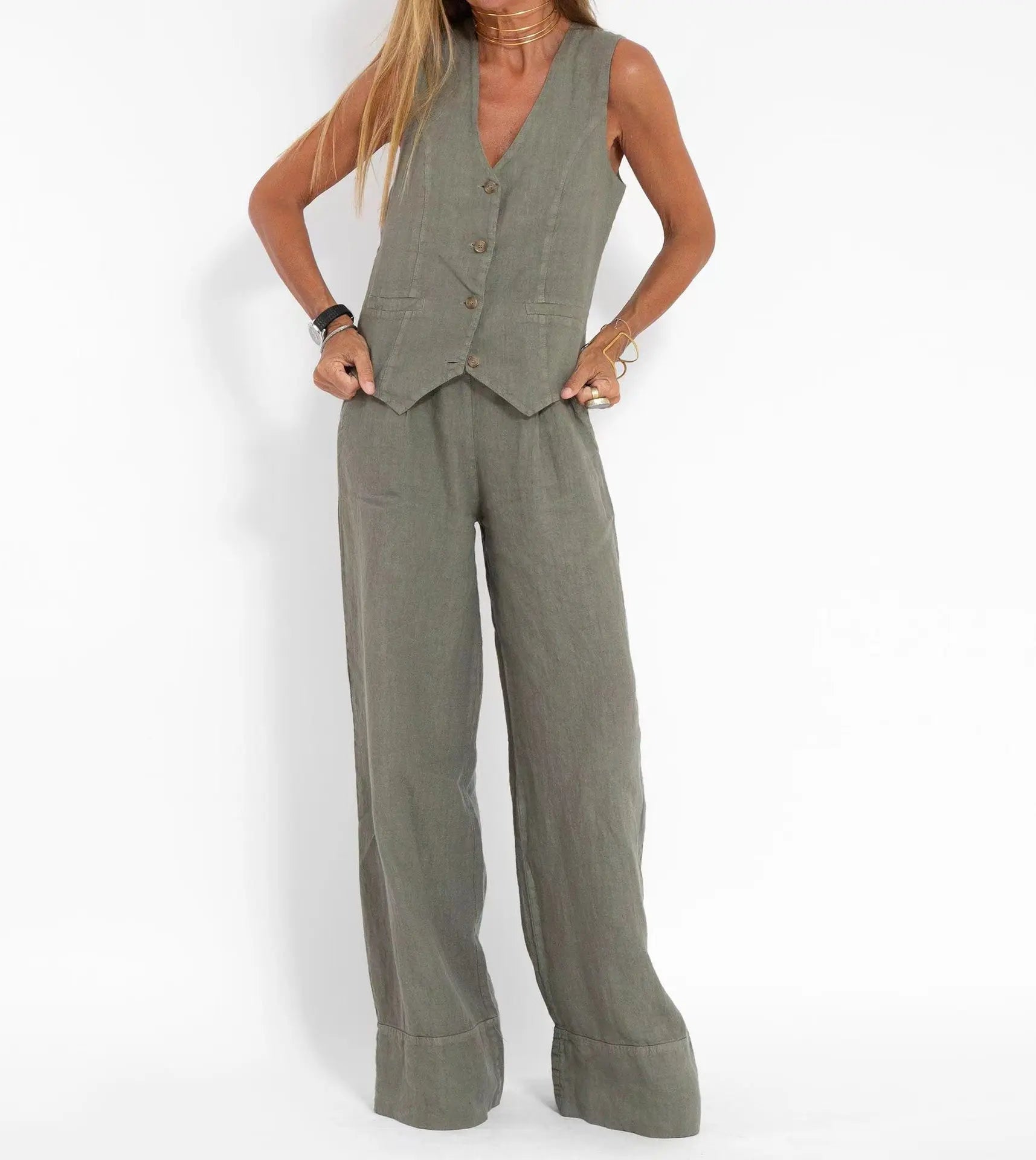 Women Sleeveless Vest – Colorblock Collage Pants Casual Suit
