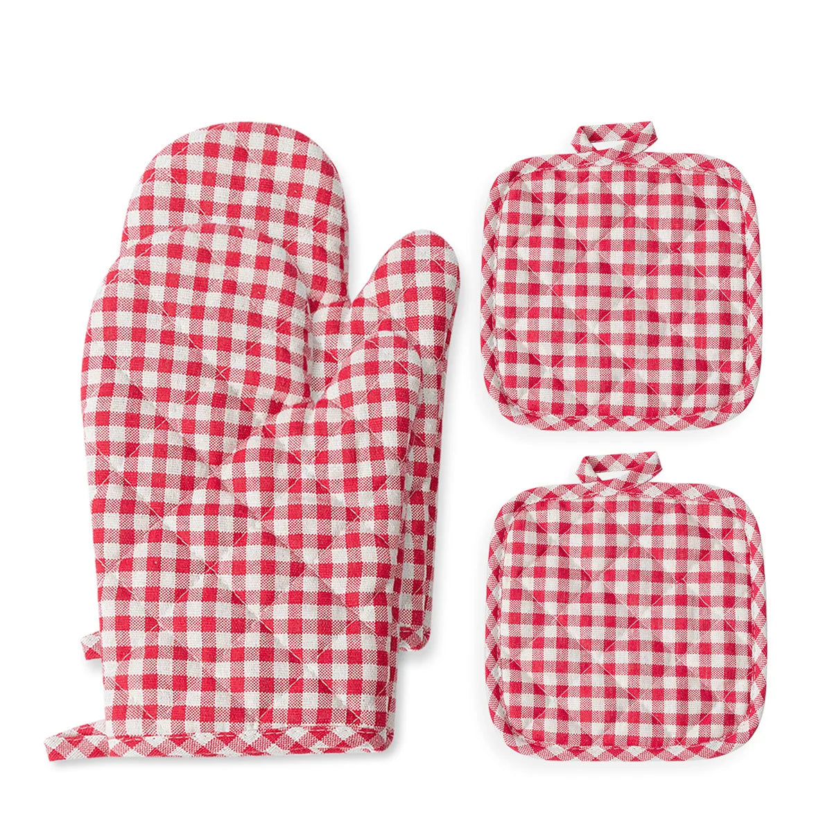 Anti Scald Oven Gloves Set | Cotton Lined Thick Kitchen Gloves with Red Checkered Design