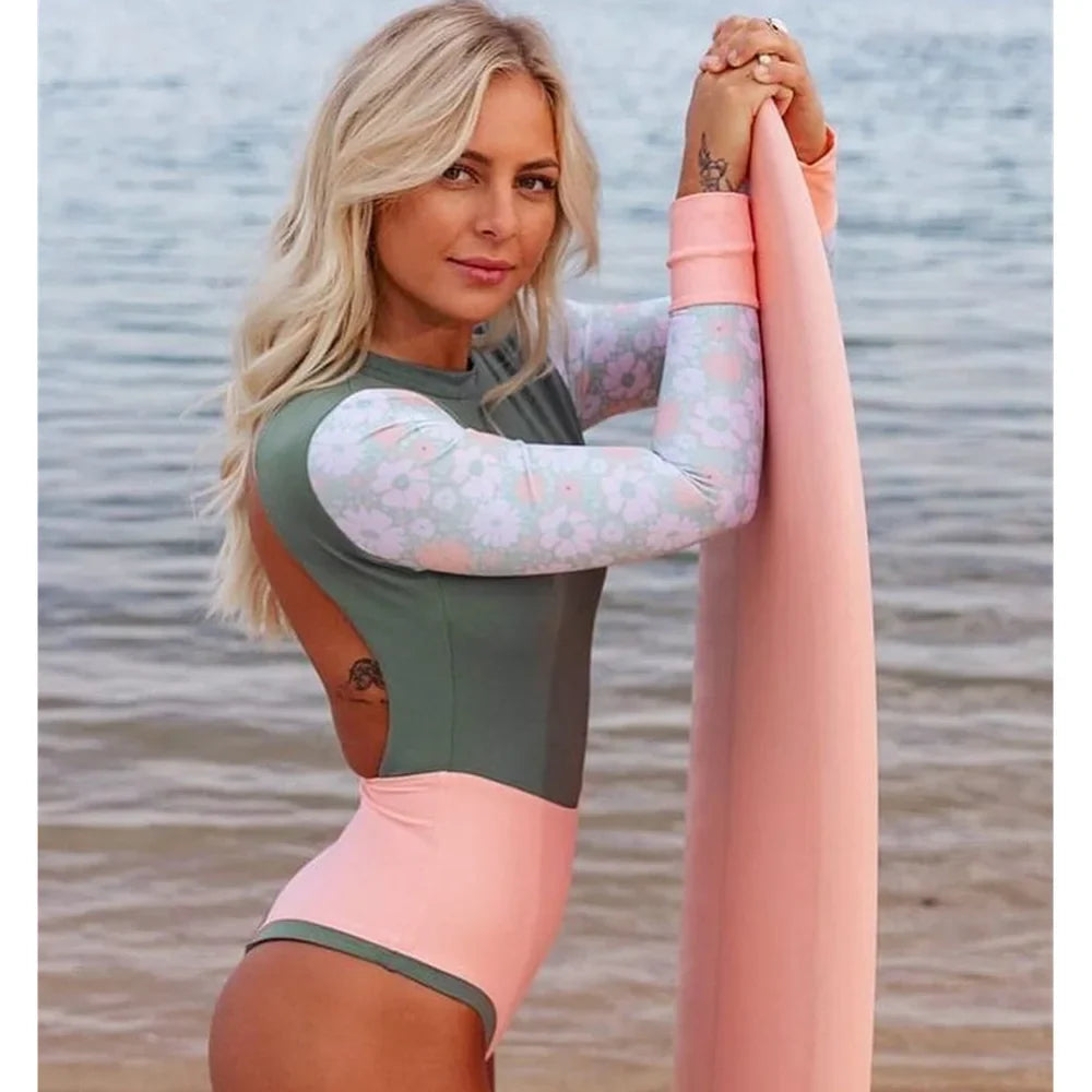 Patchwork Long Sleeve Backless Swimsuit