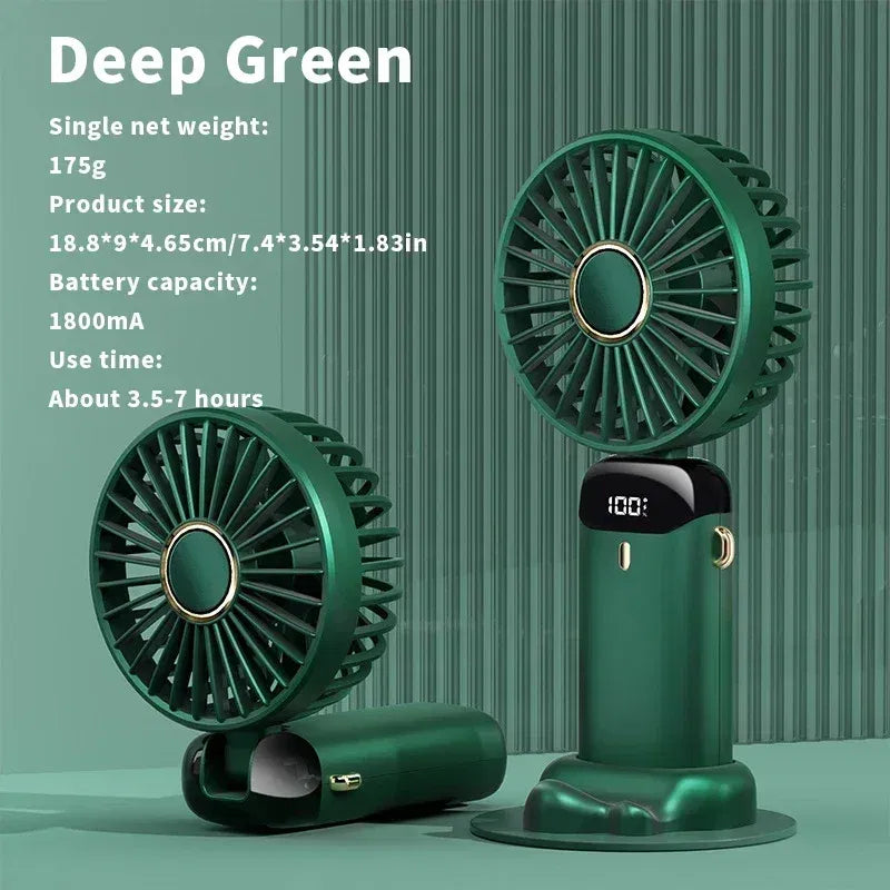 Color: Navy - Handheld Mini Fan 3000mAh Foldable Portable Neck Hanging Fans 5 Speed USB Rechargeable Fan with Phone Stand and Display Screen