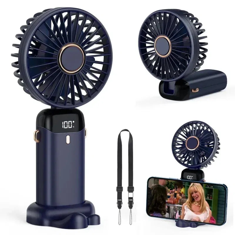 Color: Dark Green - Handheld Mini Fan 3000mAh Foldable Portable Neck Hanging Fans 5 Speed USB Rechargeable Fan with Phone Stand and Display Screen