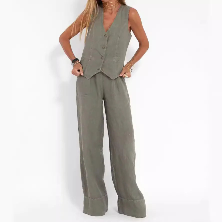 Women Sleeveless Vest – Colorblock Collage Pants Casual Suit