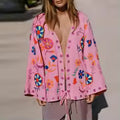 Women's V-Neck Lace Up Flare Cardigan Embroidered Pink