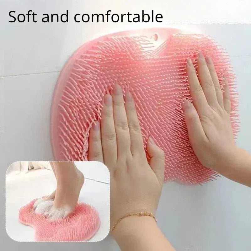 Color: Pink - Non-slip Shower Mat Silicone Massage Wash Foot Pad Bath Massage Brush Pad Bathroom Rub Back Brush with Sucker Cleaning Tools