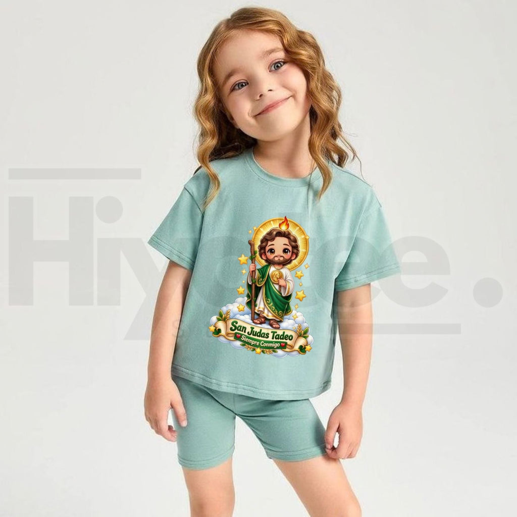 San Judas Tadeo Siempre Conmigo Kids T-Shirt – Cute Chibi Saint Jude Cloud Graphic Tee