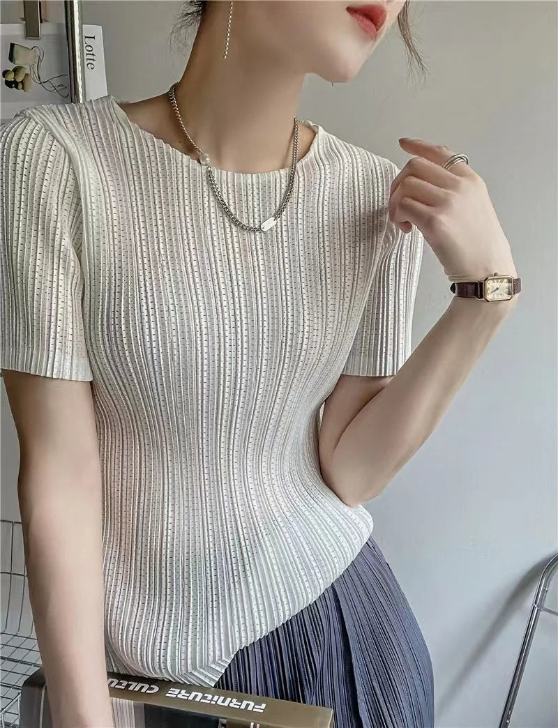 Woman Clothing  Top Women  Pleated Short-sleeved Female