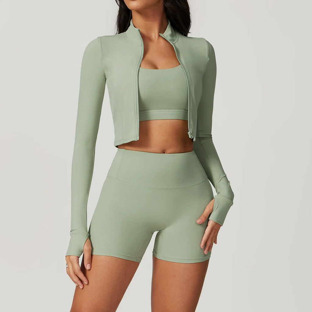 3-Piece Yoga Set Women Long Sleeve Zip Jacket High Waist Leggings