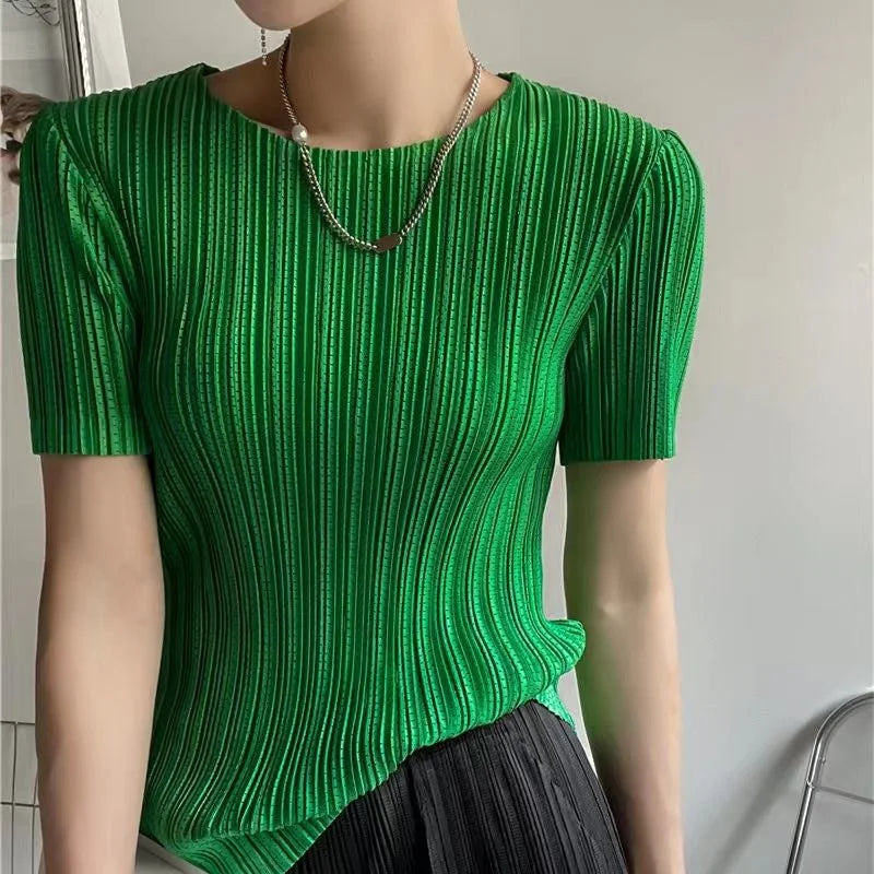 Woman Clothing  Top Women  Pleated Short-sleeved Female
