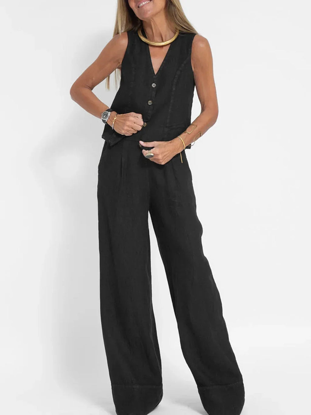 Women Sleeveless Vest – Colorblock Collage Pants Casual Suit