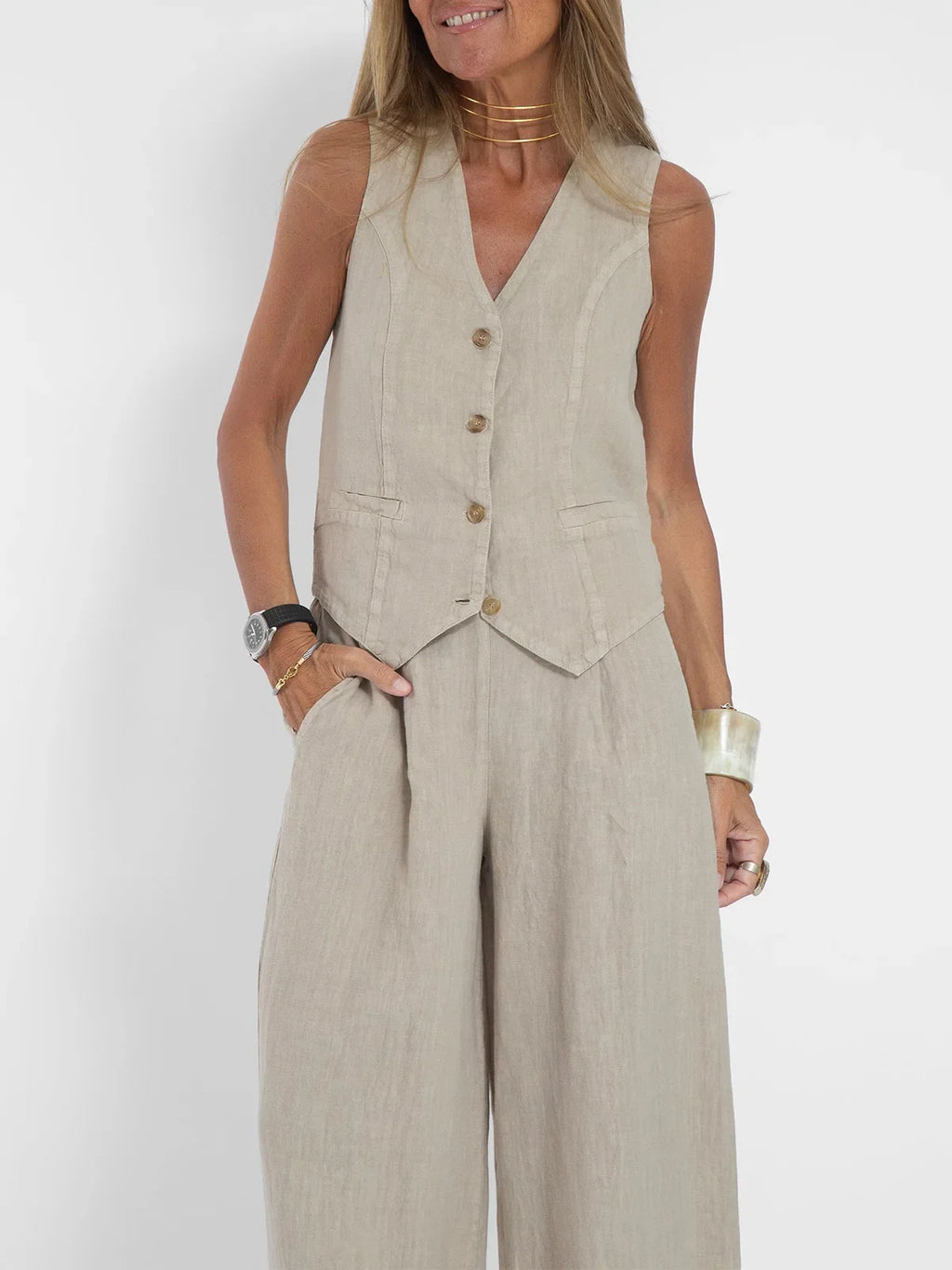 Women Sleeveless Vest – Colorblock Collage Pants Casual Suit
