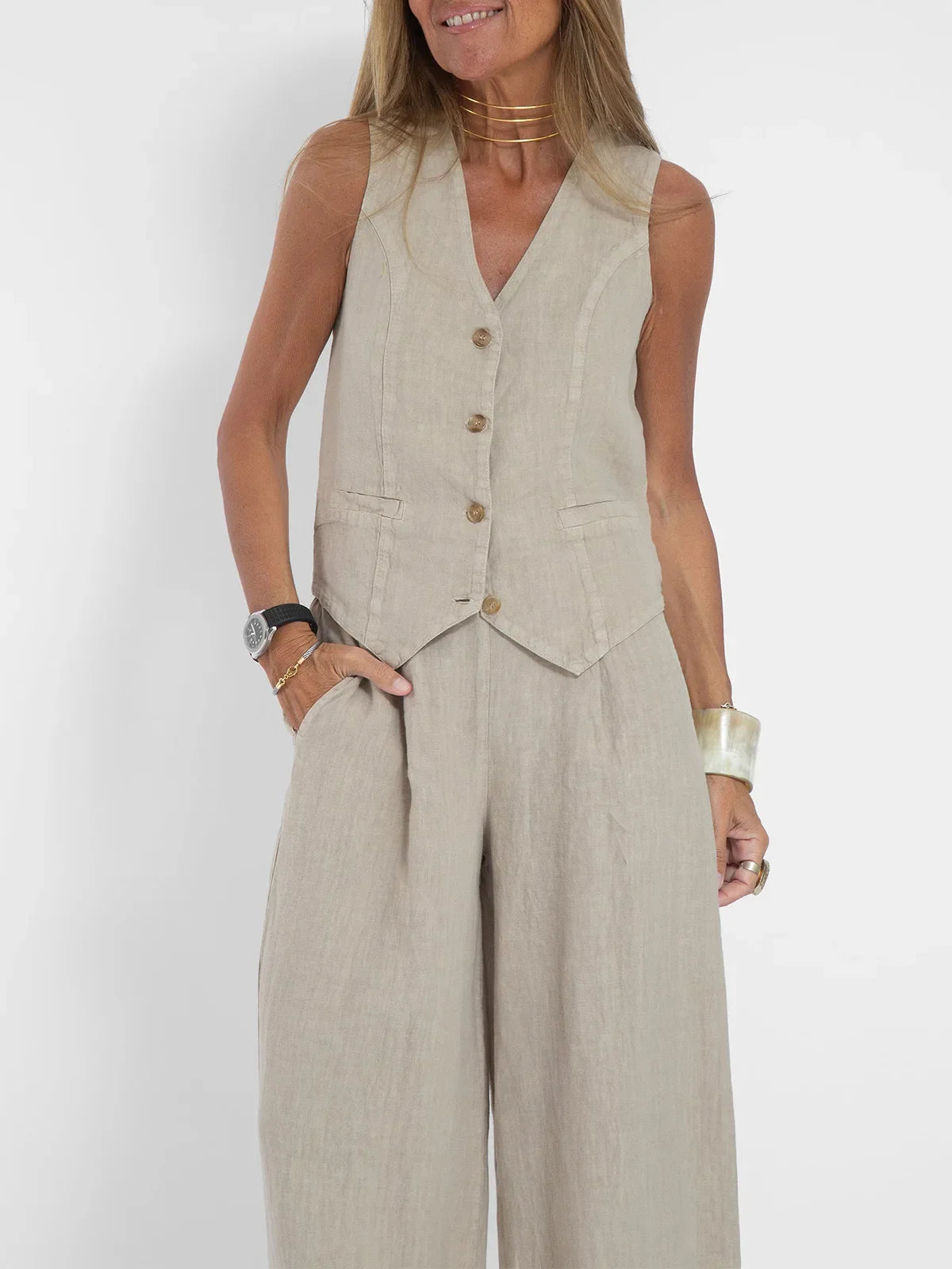 Women Sleeveless Vest – Colorblock Collage Pants Casual Suit