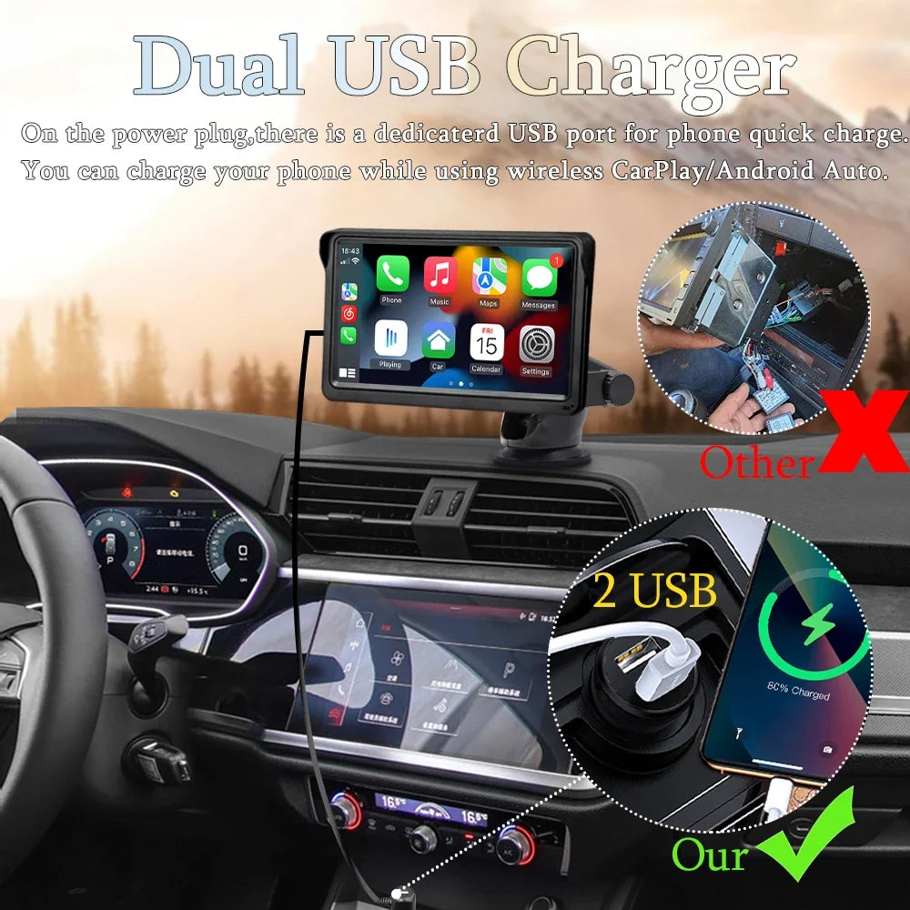 Car Radio Wireless CarPlay Android Auto Multimedia Video Player 7inch Portable Touch Screen With USB AUX For Rear View Camera