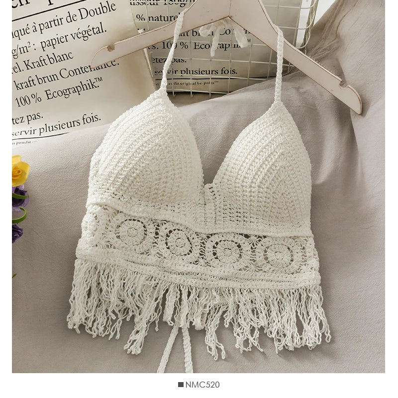 Women Crop Top – Retro Tassel Spaghetti Strap Hollow Halter Neck Top