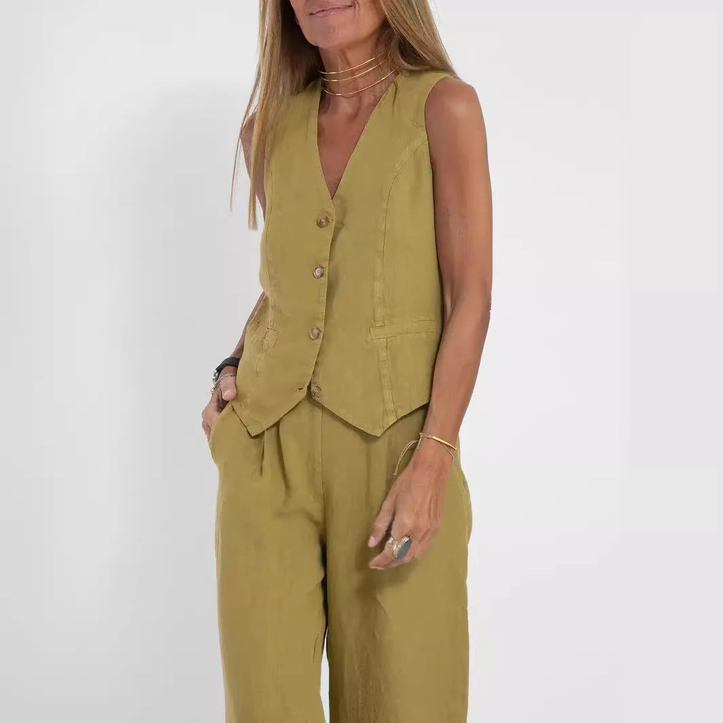 Women Sleeveless Vest – Colorblock Collage Pants Casual Suit