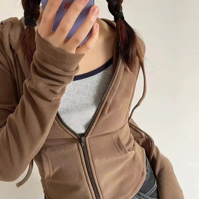 Lucyever Y2K Slim Fit Cropped Zip-Up Hoodie