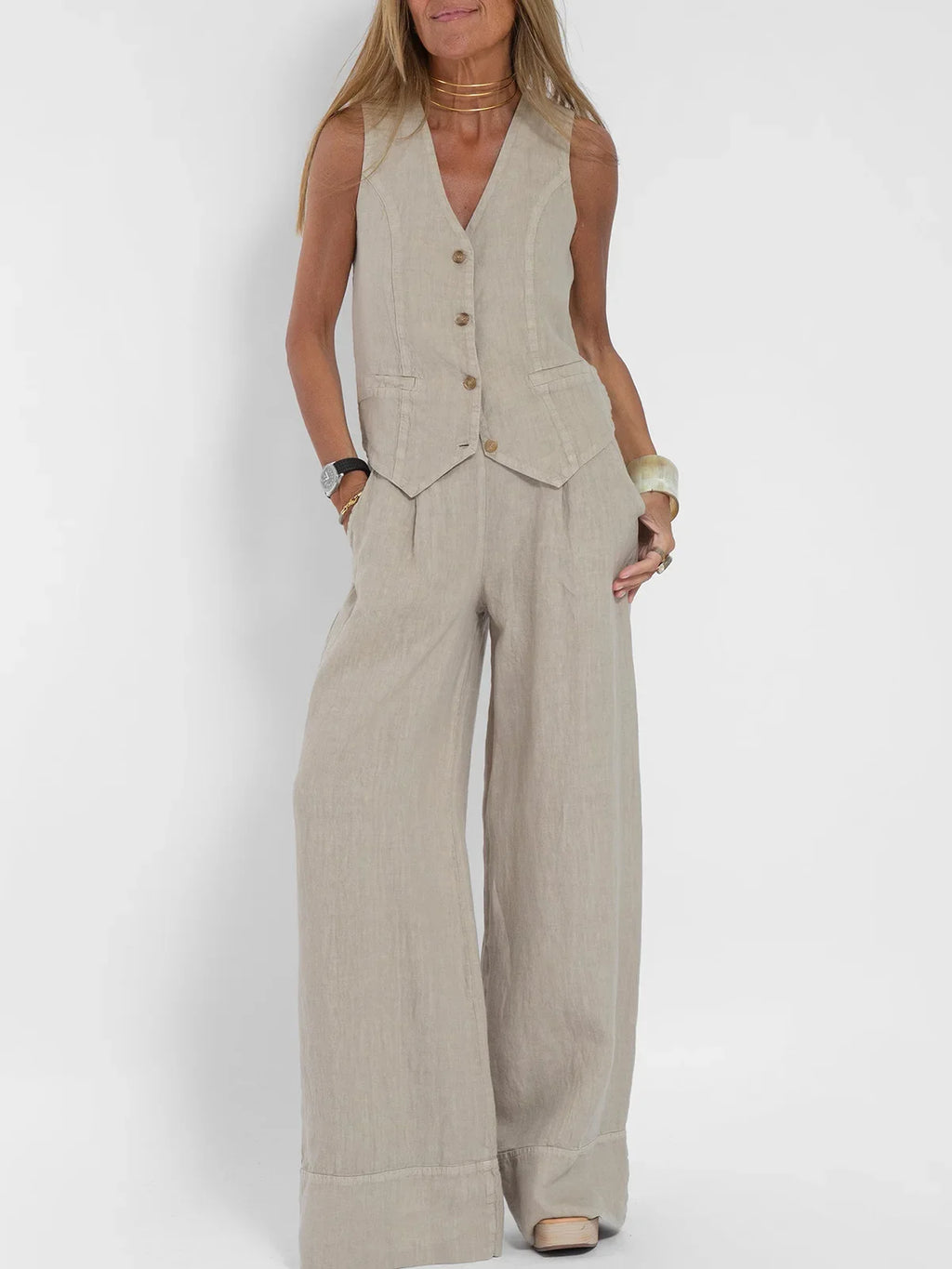 Women Sleeveless Vest – Colorblock Collage Pants Casual Suit
