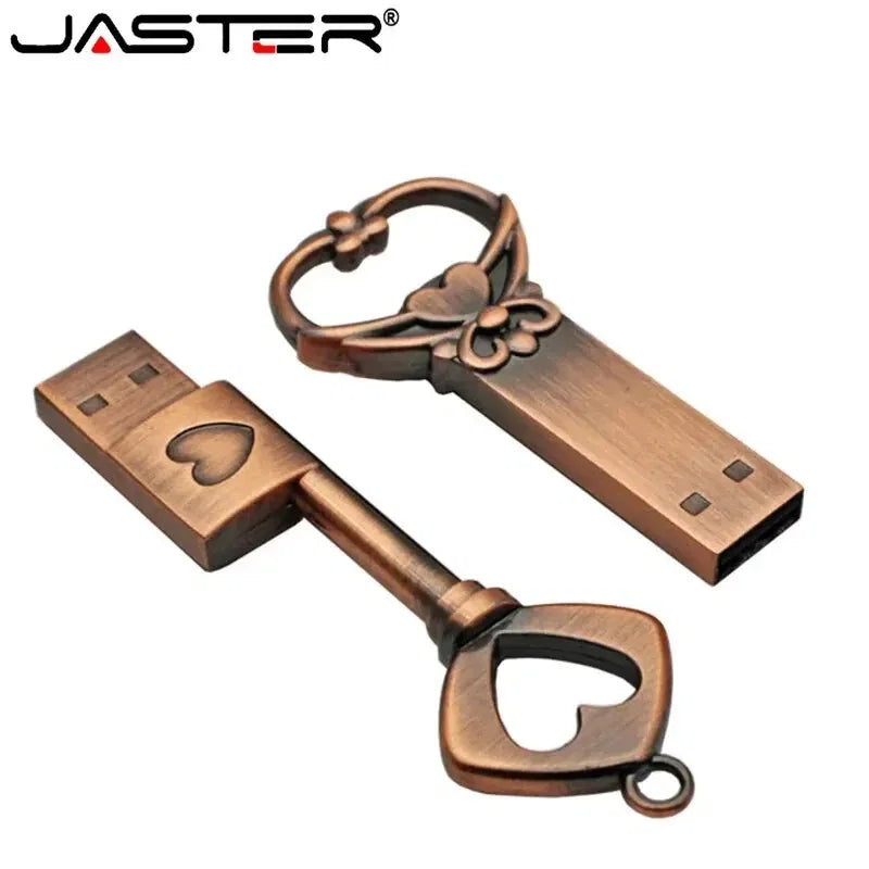 Capacity: 64GB, Color: Green - JASTER Copper Love Heart Shaped Key Usb Flash Drive Pendrive Pen Drive 32GB 64GB Metal Keys Memory Stick Creative Wedding Gift