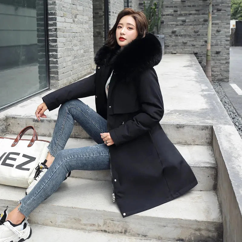Women Winter Parka – Hooded Fur Collar Thick Warm Long Coat