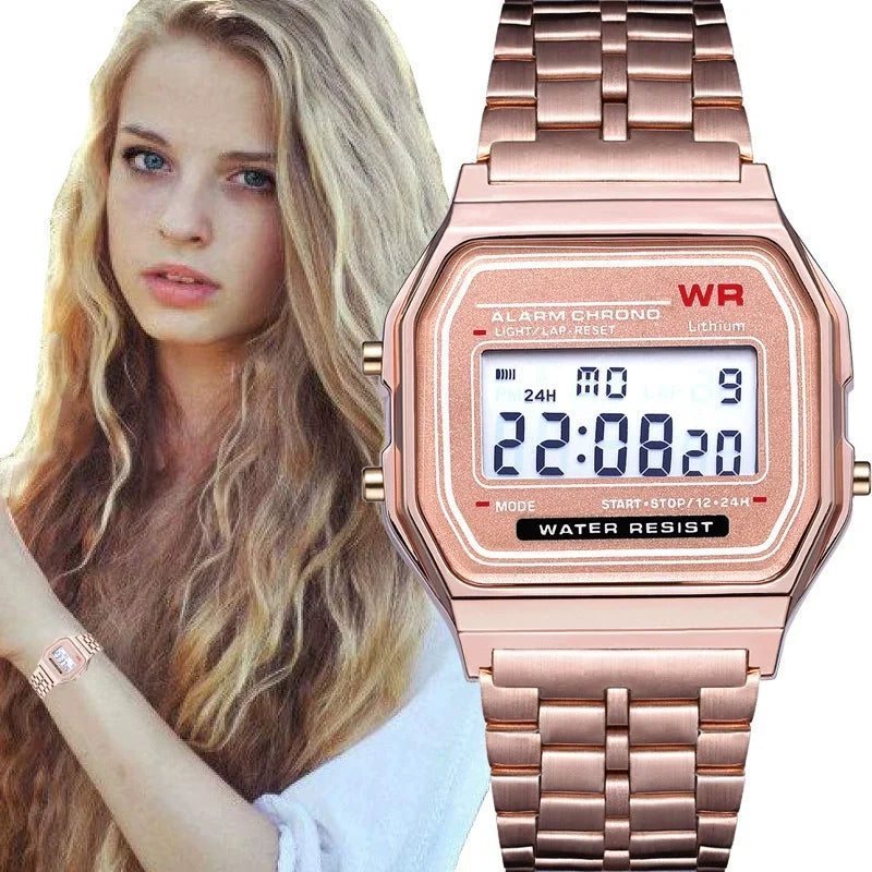 LED Digital Watch – Steel Strap Multifunction Sports Wristwatch