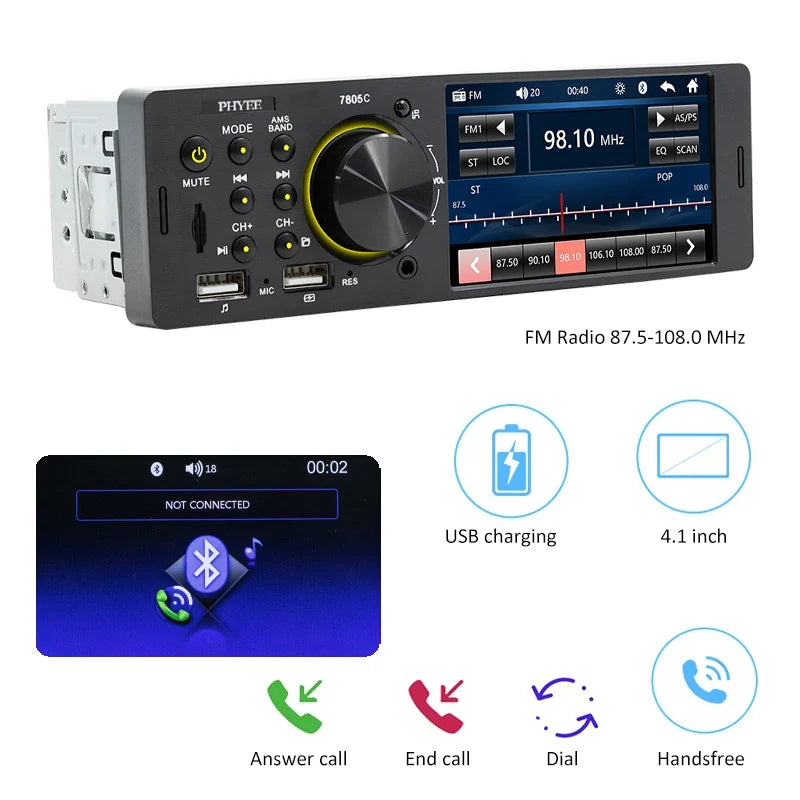 Touch Screen Car Radio, MP5 Player, Bluetooth, Hands Free, Audio, USB, TF, 7 Colors Lighting, Stereo System, Head Unit, 7805C