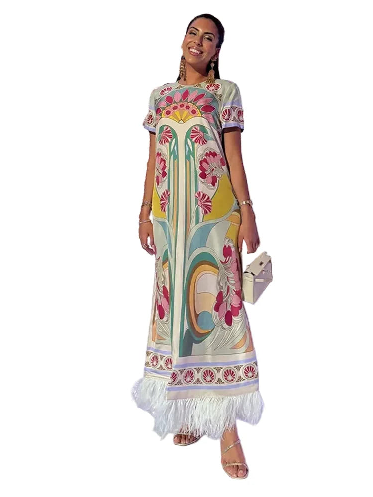 Women Art Floral Print Maxi Dress Short Sleeve Crew Neck