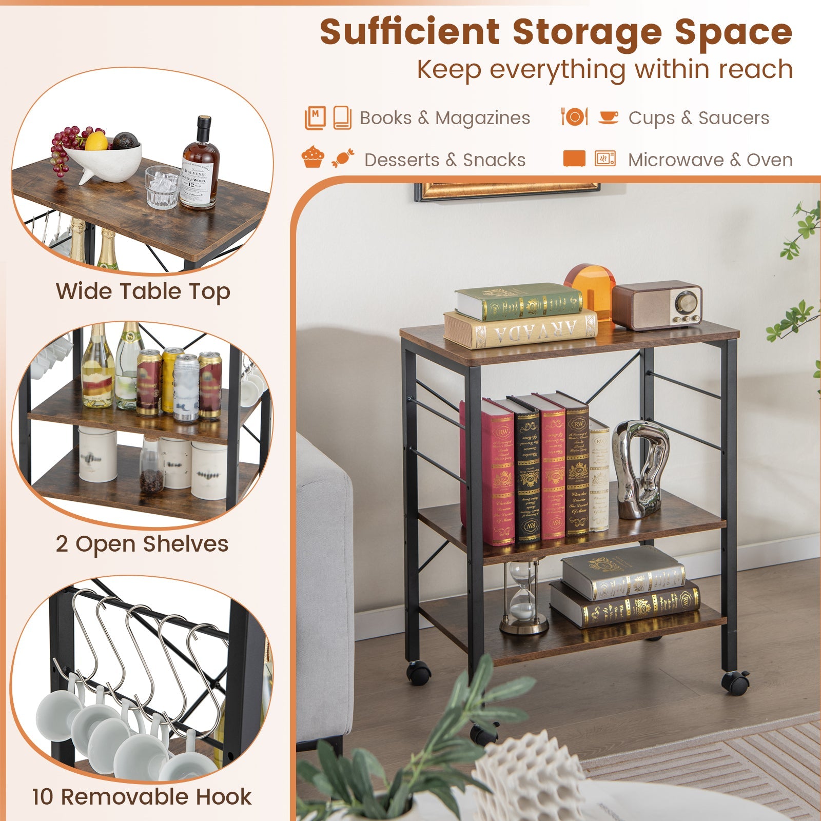 3-Tier Kitchen Baker's Rack Microwave Oven Storage Cart with Hooks