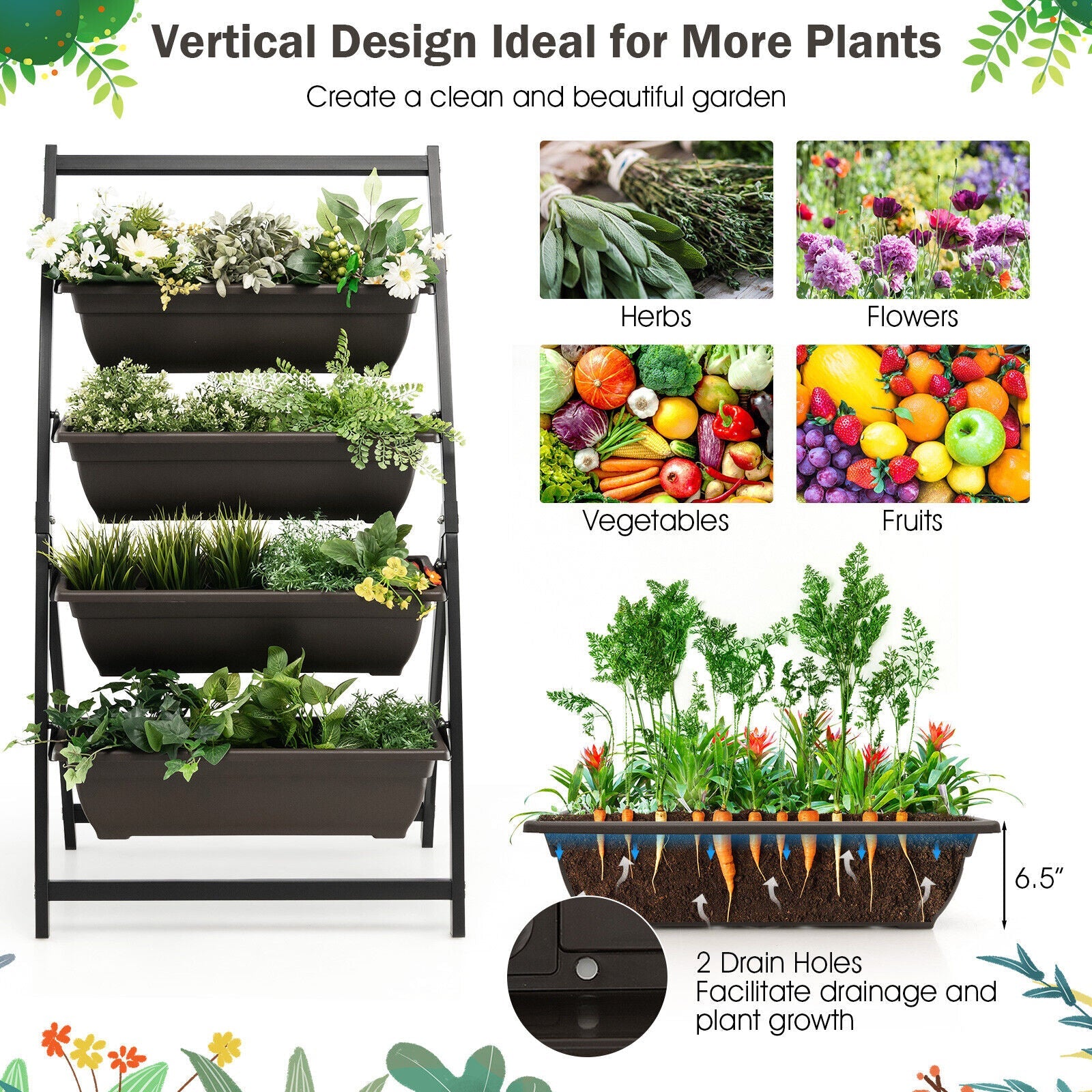4-Tier Vertical Raised Garden Bed with 4 Containers and Drainage Holes