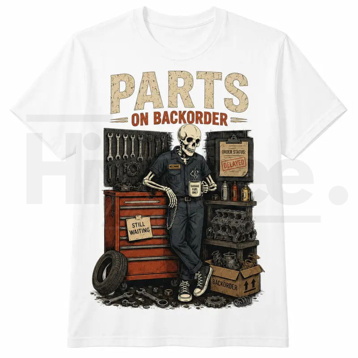 Waiting On Parts Funny Skeleton Auto Mechanic T-Shirt – Technician Graphic Tee