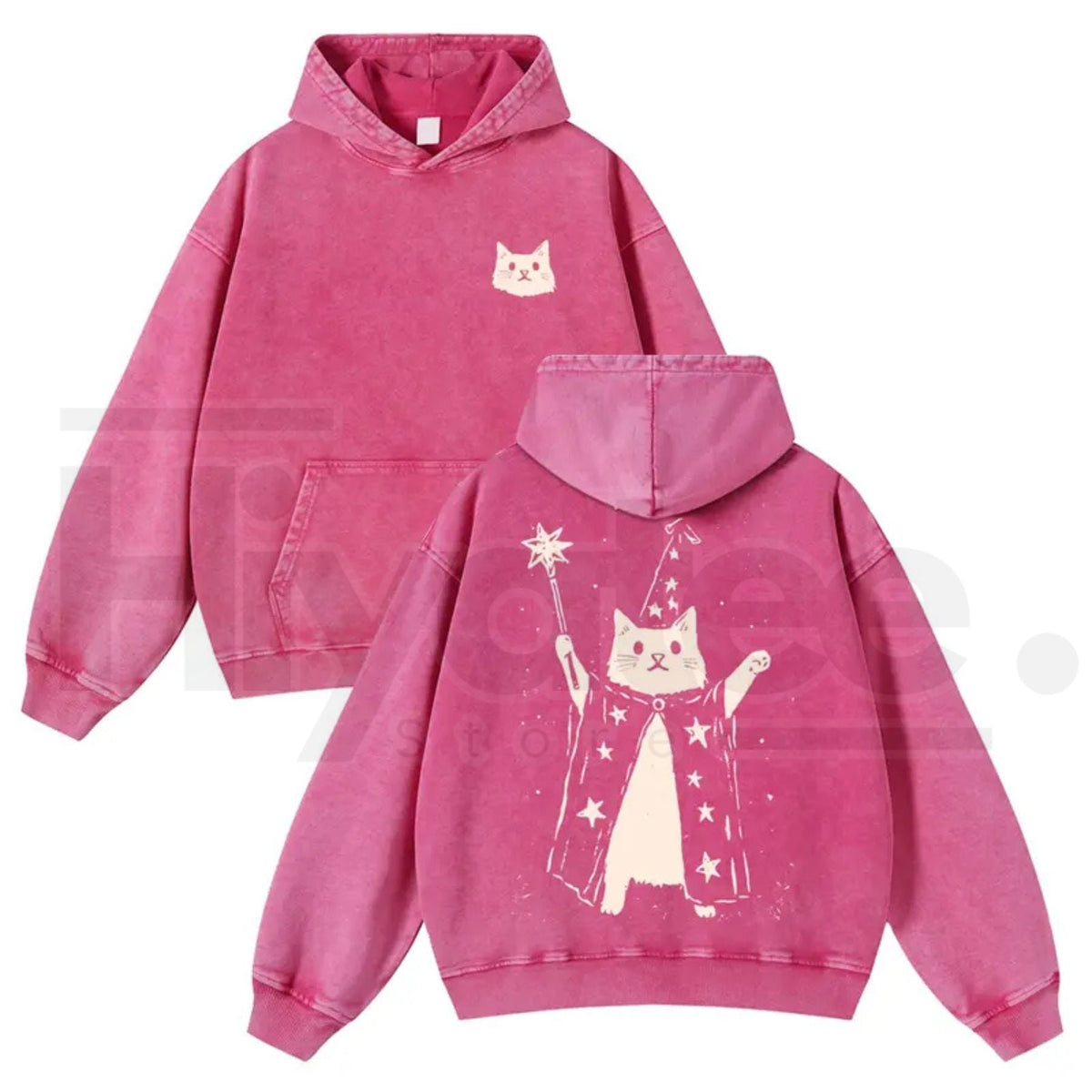 Wizard Cat Graphic Vintage Washed Hoodie – 380g Thick Cotton Blend, Oversize Unisex Pullover